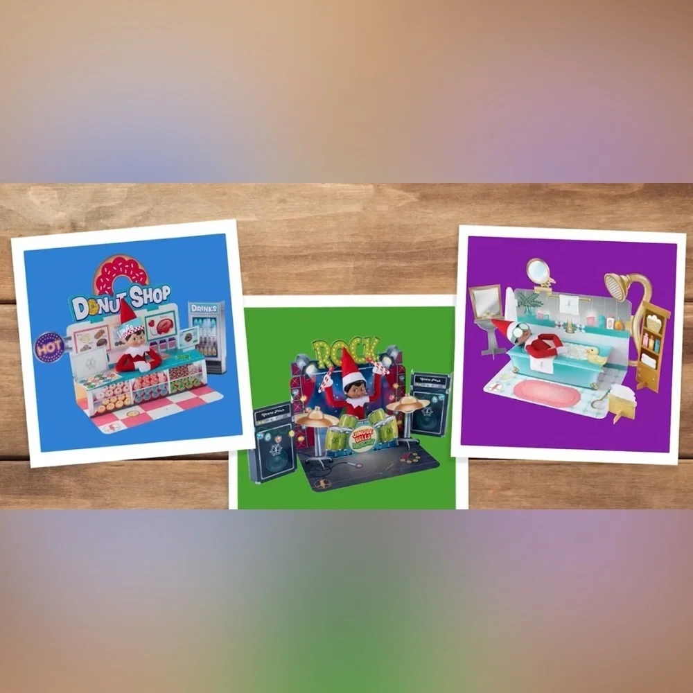 NWT elf on the shelf Insta-Moments Pop-Ups 3 pack Rock star donut shop